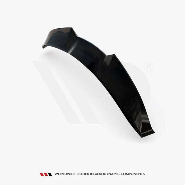 A black aerodynamic car spoiler is displayed on a plain white background. Text reads, "WORLDWIDE LEADER IN AERODYNAMIC COMPONENTS" at the bottom.