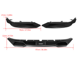 Carbon fiber car splitter parts are displayed with dimensions labeled: 17cm/6.69in and 70cm/27.55in for side pieces; 12cm/4.72in and 97cm/38.18in for the center piece. 