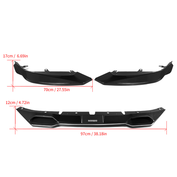 Carbon fiber car splitter parts are displayed with dimensions labeled: 17cm/6.69in and 70cm/27.55in for side pieces; 12cm/4.72in and 97cm/38.18in for the center piece. "SODRDO" text on the center part.