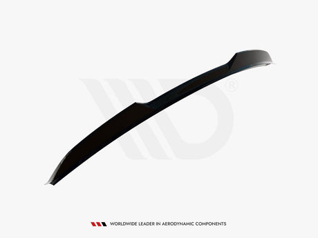 A sleek, black car spoiler displayed at an angle against a minimal white background. Text reads: "WORLDWIDE LEADER IN AERODYNAMIC COMPONENTS."