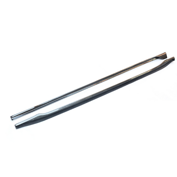 Two long, sleek, metallic car roof rails lie parallel on a white surface, curving slightly at one end, highlighting their streamlined design.