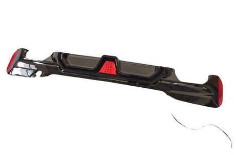 A glossy black car bumper with red reflector lights is displayed against a plain white background.