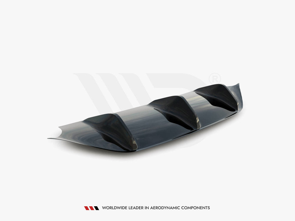 A sleek, dark aerodynamic car diffuser featuring three fins, positioned on a white background. Below it, text reads: “WORLDWIDE LEADER IN AERODYNAMIC COMPONENTS.”