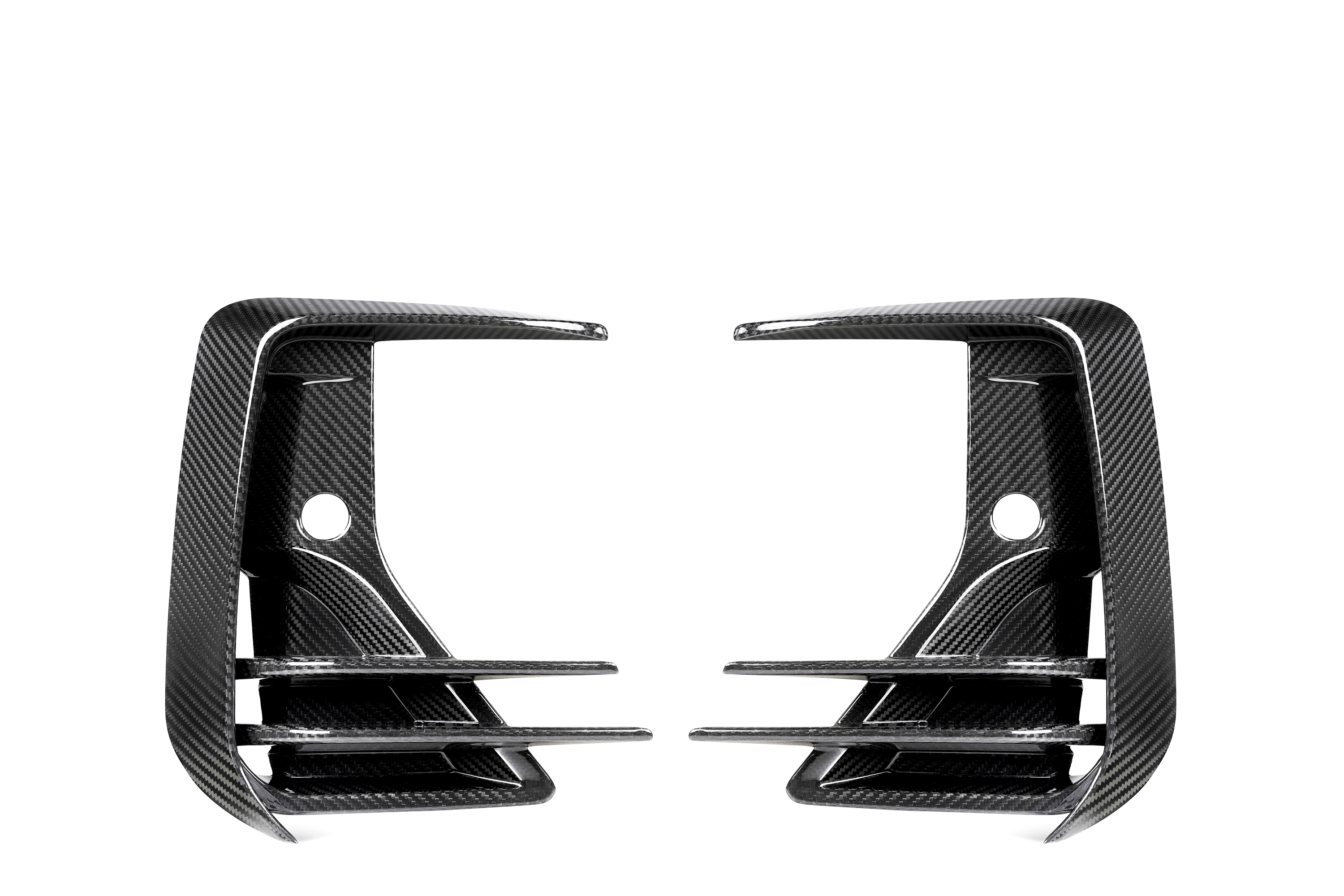 Two carbon fiber air vents, mirror each other, featuring three horizontal slats and a rounded hole in the center against a white background.