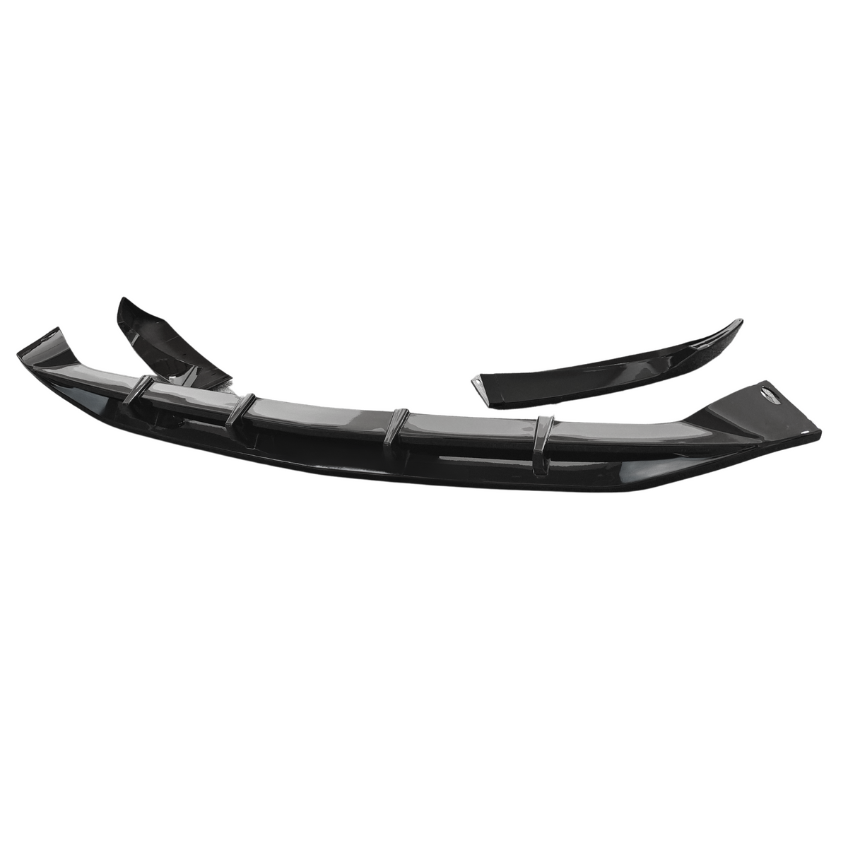 A glossy black car bumper lip is displayed against a plain white background. The main section is flanked by two smaller wing-like extensions, indicating it might be a three-piece set.