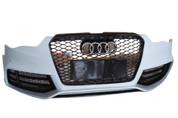 Car grille with a honeycomb pattern and four-ring emblem at the center, featuring an "RS5" badge on the side, placed against a plain white background.