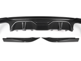 A black carbon fiber car bumper diffuser set rests on a white background, featuring aerodynamic contours and mounting points, showcasing its lightweight and sporty design.