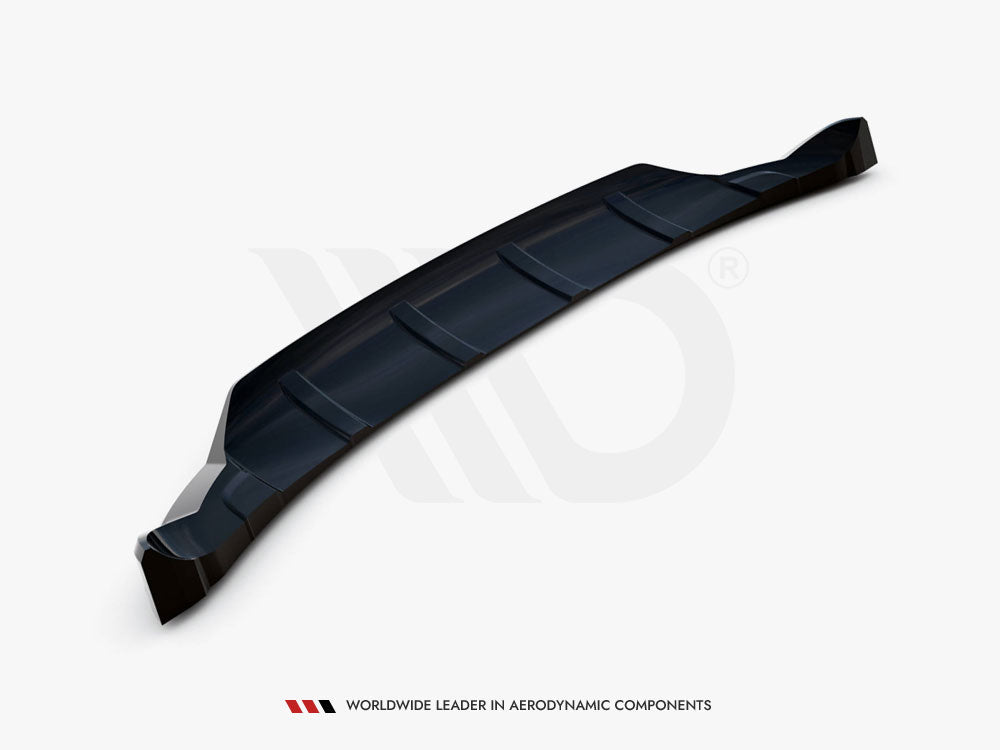 A black aerodynamic car spoiler, features grooves and angular ends, rests on a plain white background. Text below reads: "Worldwide Leader in Aerodynamic Components."