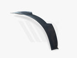 A sleek, curved black car spoiler is displayed against a white background. Text reads: 