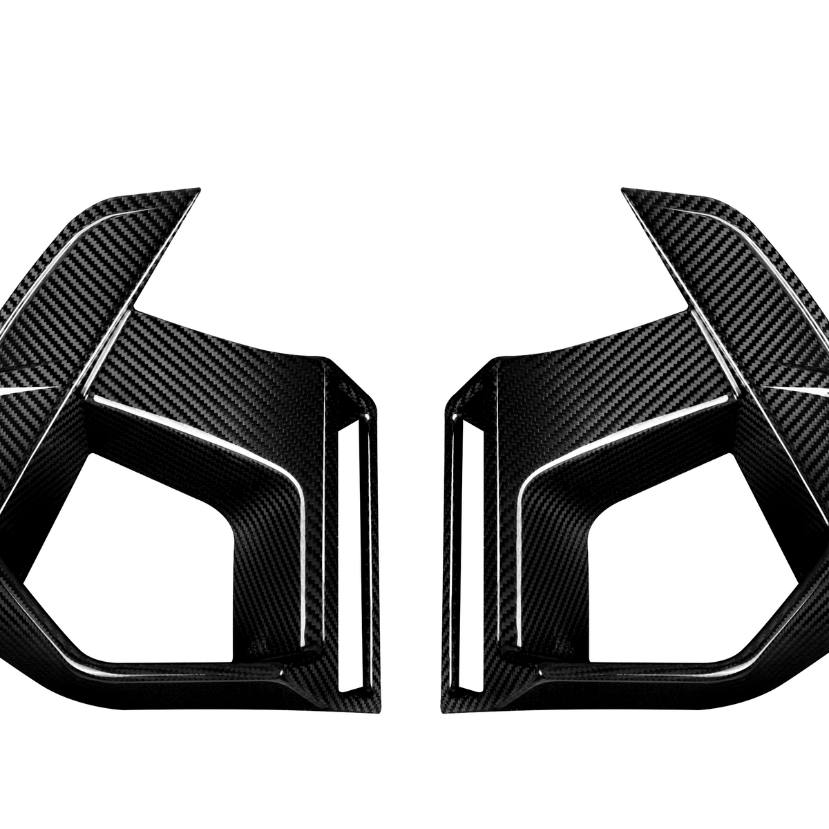 Two angular carbon fiber car parts face each other, featuring sleek lines and sharp edges, set against a plain white background.