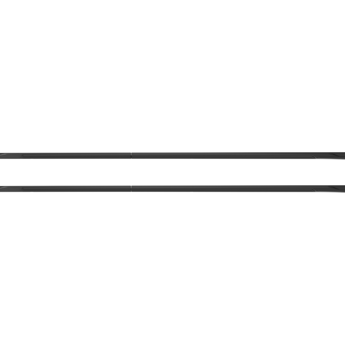 Two identical black rods are evenly aligned horizontally on a white background, appearing static and parallel to each other.