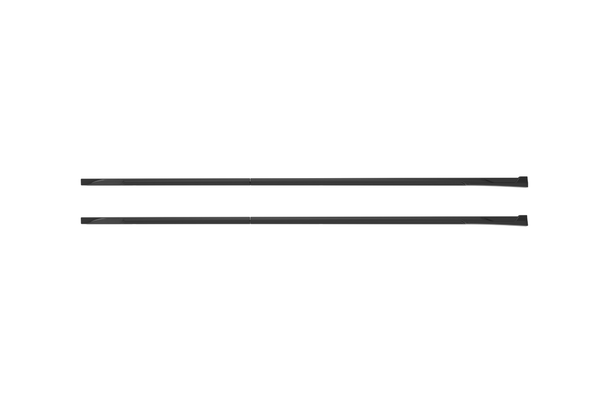 Two identical black rods are evenly aligned horizontally on a white background, appearing static and parallel to each other.