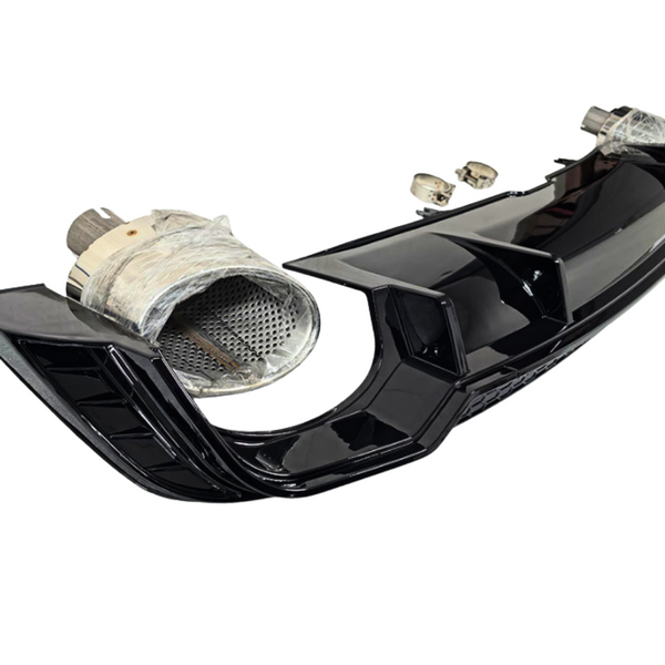 The image shows a glossy black car rear diffuser with exhaust tips wrapped in protective material, set against a plain white background.