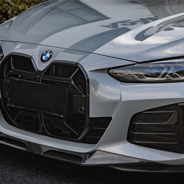 A silver BMW car is parked on a paved road. The front grille, lights, and emblem are prominently visible, with a stone curb and greenery in the background.