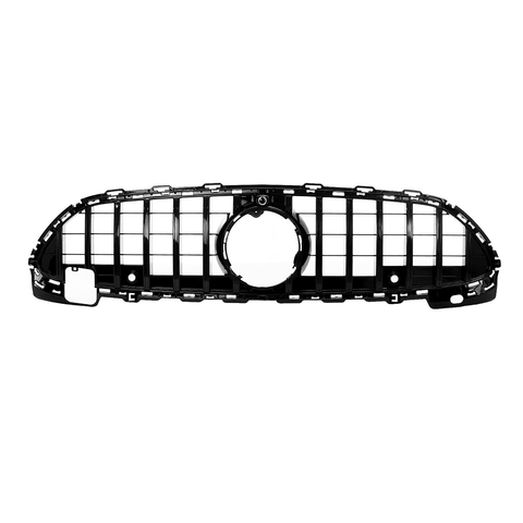 A black car grille features horizontal and vertical bars, with a central circular opening, set against a white background.