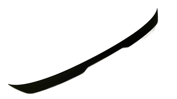 A black car spoiler is shown on a white background, curved and smooth, designed to enhance aerodynamics when attached to a vehicle.