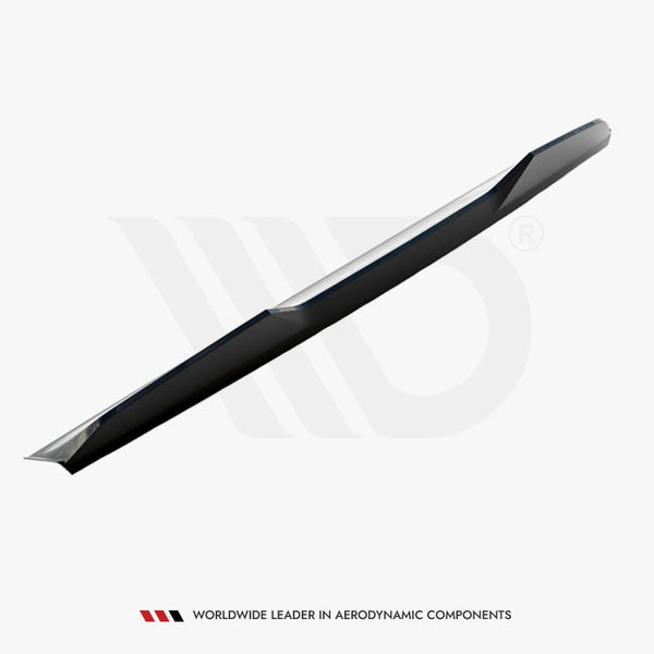 A sleek, angular automobile side skirt displayed on a plain white background. Below, text reads: "WORLDWIDE LEADER IN AERODYNAMIC COMPONENTS."