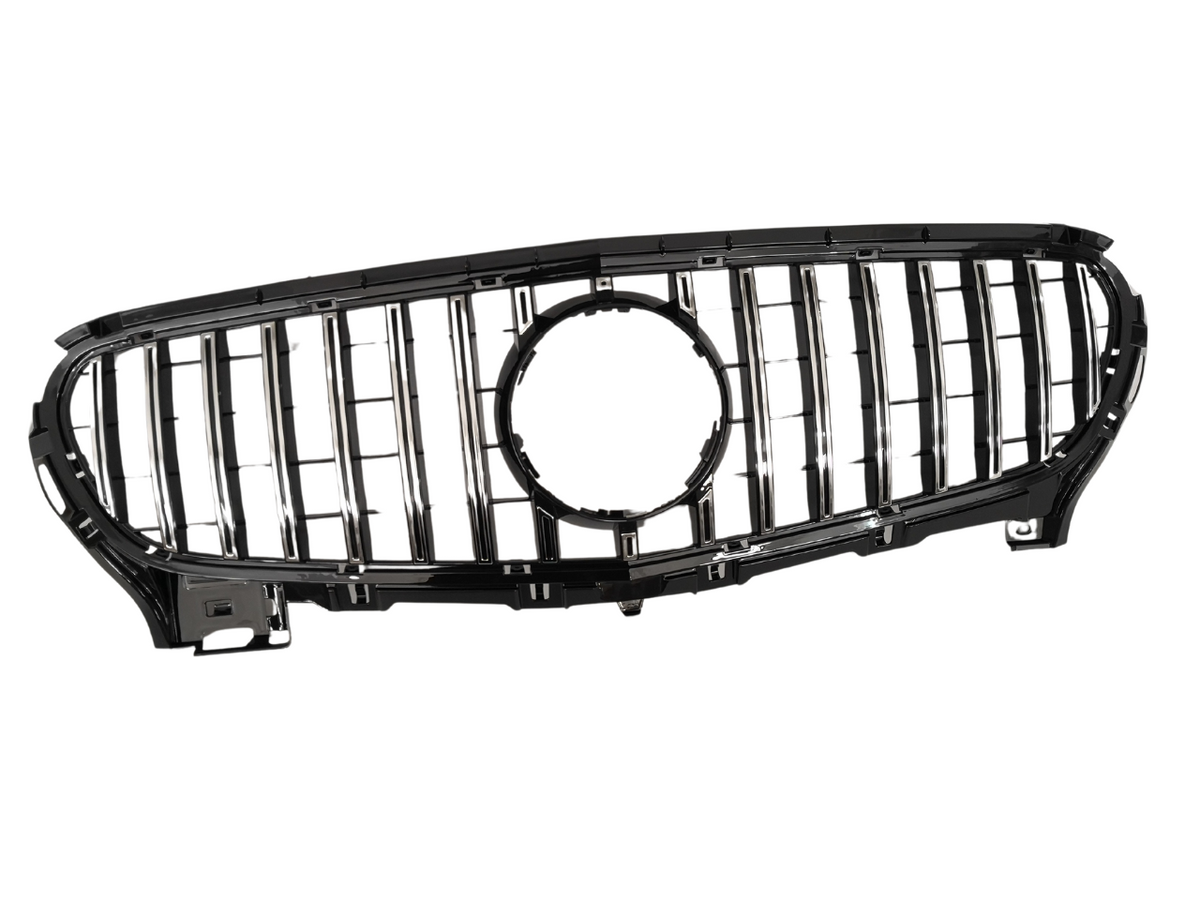 A black car grille with vertical chrome slats and a circular emblem space at the center, against a plain white background.
