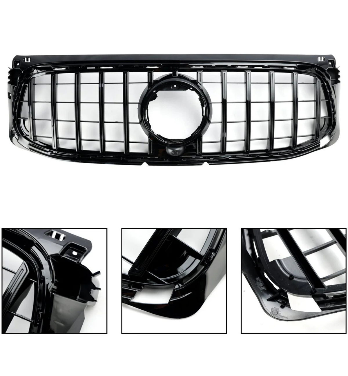 A black car grille with a distinctive grid pattern and central circular emblem is displayed in close-up detail. It is surrounded by a plain white background, with three additional detailed close-up views of different sections of the grille.
