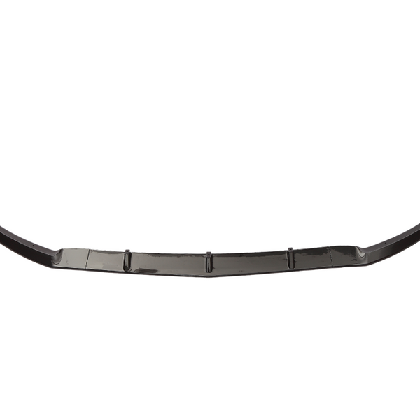 Black car front lip spoiler, curved with mounting brackets, displayed on a solid white background, emphasizing its aerodynamic design and sleek structure.