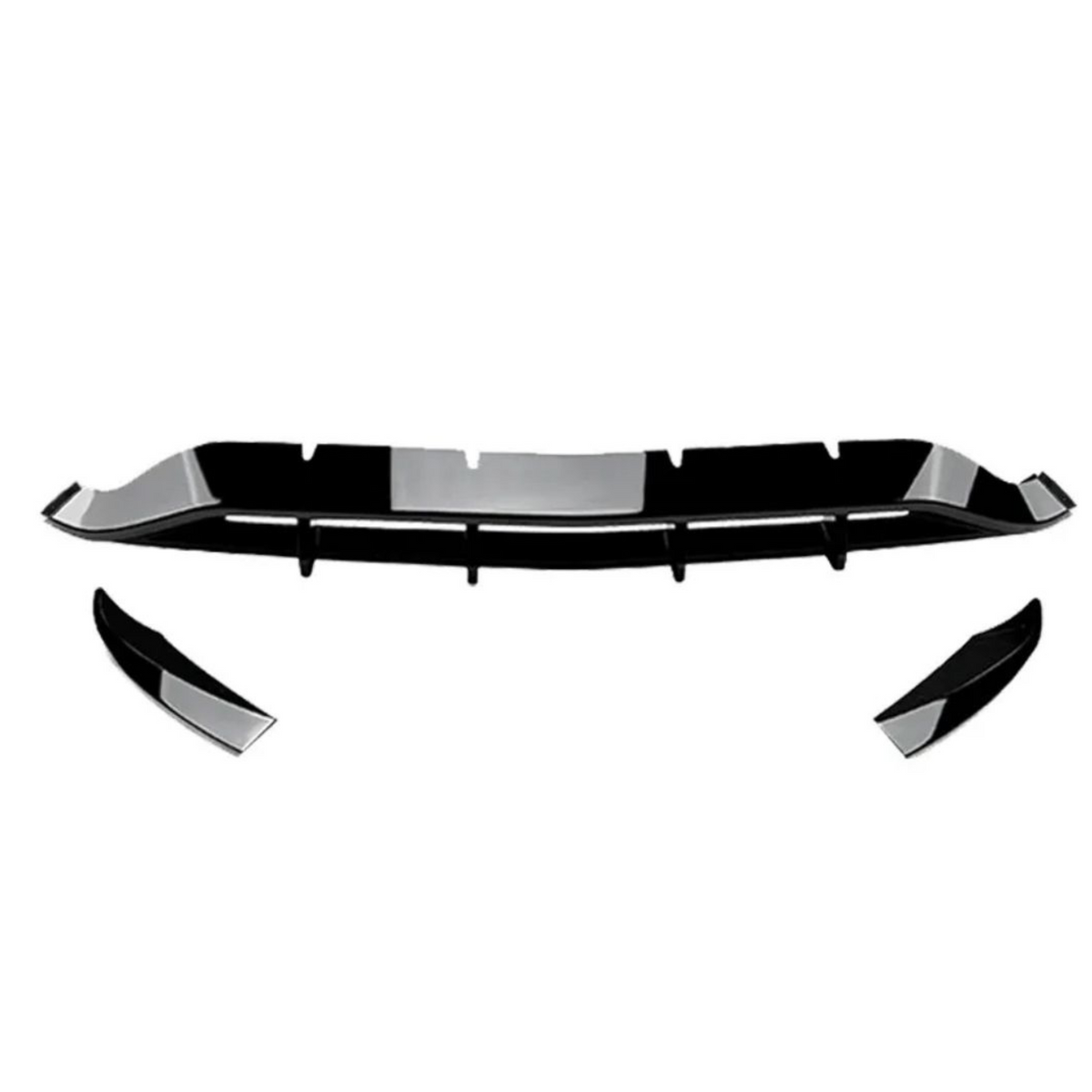 Front bumper lip splitter and two side winglets, designed to enhance aerodynamics, lie on a white background. The glossy black surface and angular design are prominent features.