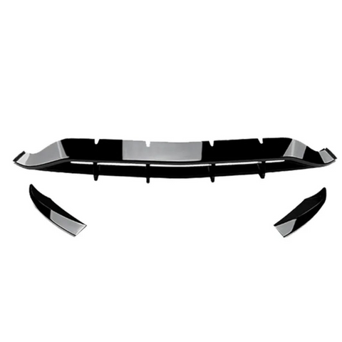 Front bumper lip splitter and two side winglets, designed to enhance aerodynamics, lie on a white background. The glossy black surface and angular design are prominent features.