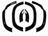 Black car fender flares are displayed in a symmetrical layout, with various curved segments, against a plain white background.