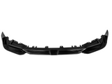 A sleek, black carbon fiber car front bumper is lying flat, designed for aerodynamic enhancement, within a plain white background for contrast.