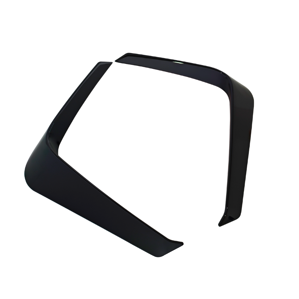 A dark, angular car accessory frame has two parts. Positioned like a hood or roof visor, it contrasts against a white background.