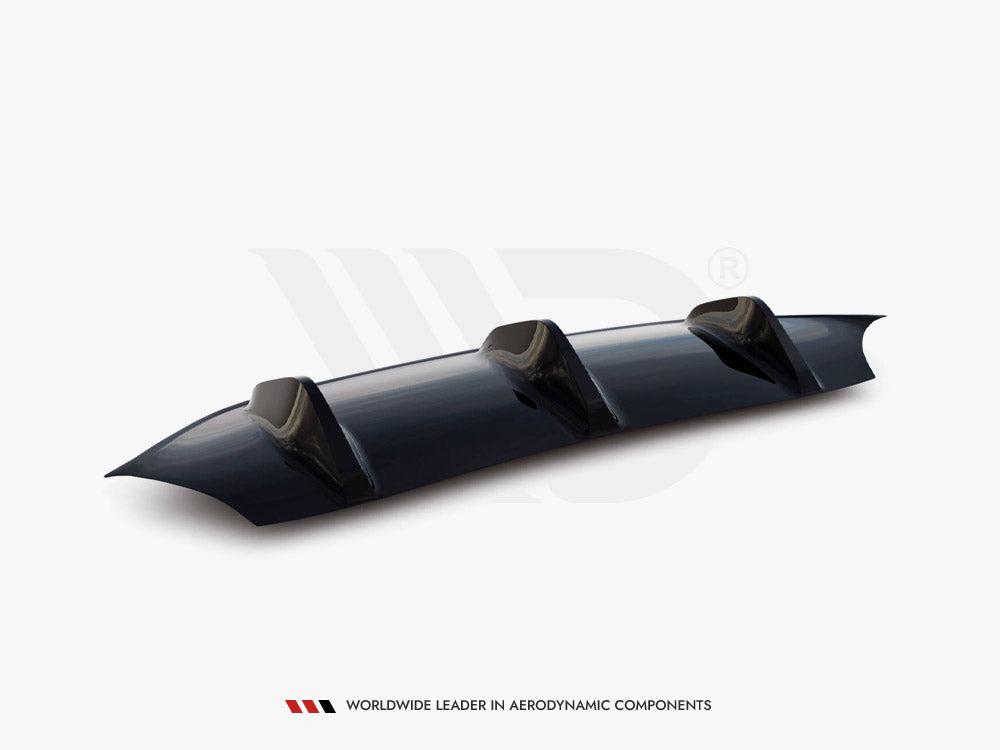 A glossy black aerodynamic component featuring three vertical fins rests on a neutral background. Text below reads: "WORLDWIDE LEADER IN AERODYNAMIC COMPONENTS."