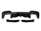 A carbon fiber car rear diffuser and side attachments, arranged on a white background, showcasing their sleek, aerodynamic structure and textured surface.