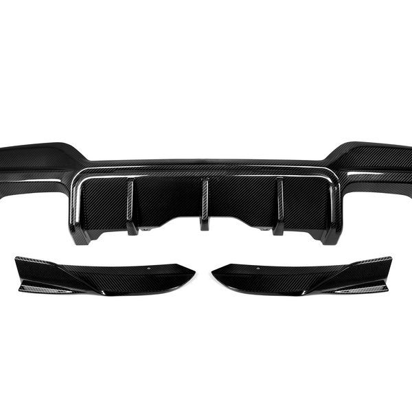 A carbon fiber car rear diffuser and side attachments, arranged on a white background, showcasing their sleek, aerodynamic structure and textured surface.
