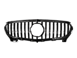 A glossy black car grille with vertical slats and a central circular opening. The object is isolated against a plain white background, highlighting its design.