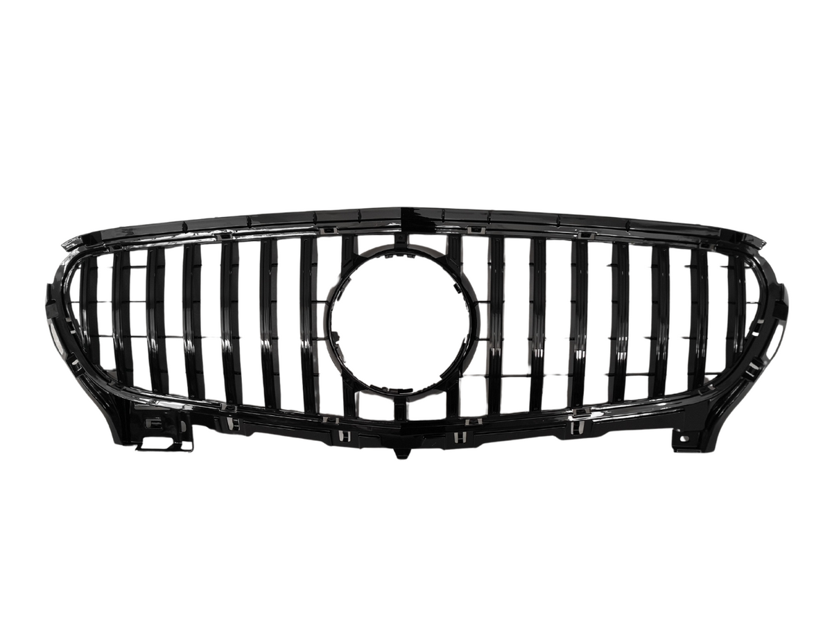 A glossy black car grille with vertical slats and a central circular opening. The object is isolated against a plain white background, highlighting its design.