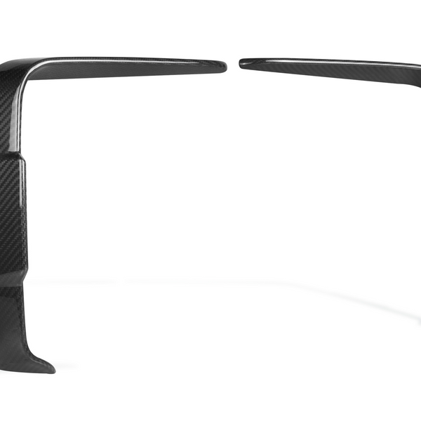 Two black carbon fiber trim pieces are positioned in a parallel arrangement, standing upright. They are slightly bent and set against a plain white background.
