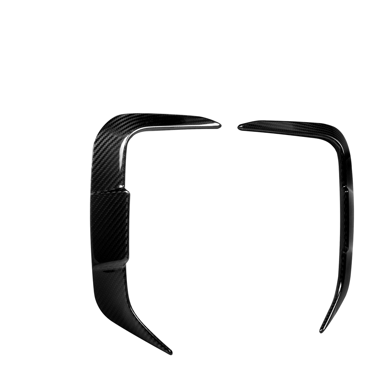 Two glossy, black, carbon fiber car bumper trim pieces are displayed against a plain white background, positioned opposite each other, forming a partial rectangular frame.