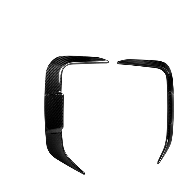 Two glossy, black, carbon fiber car bumper trim pieces are displayed against a plain white background, positioned opposite each other, forming a partial rectangular frame.