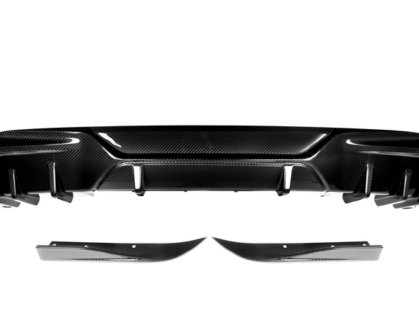 Carbon fiber car bumper with sleek contours and angular design, displayed against a plain white background, emphasizing its glossy texture and aerodynamic style.