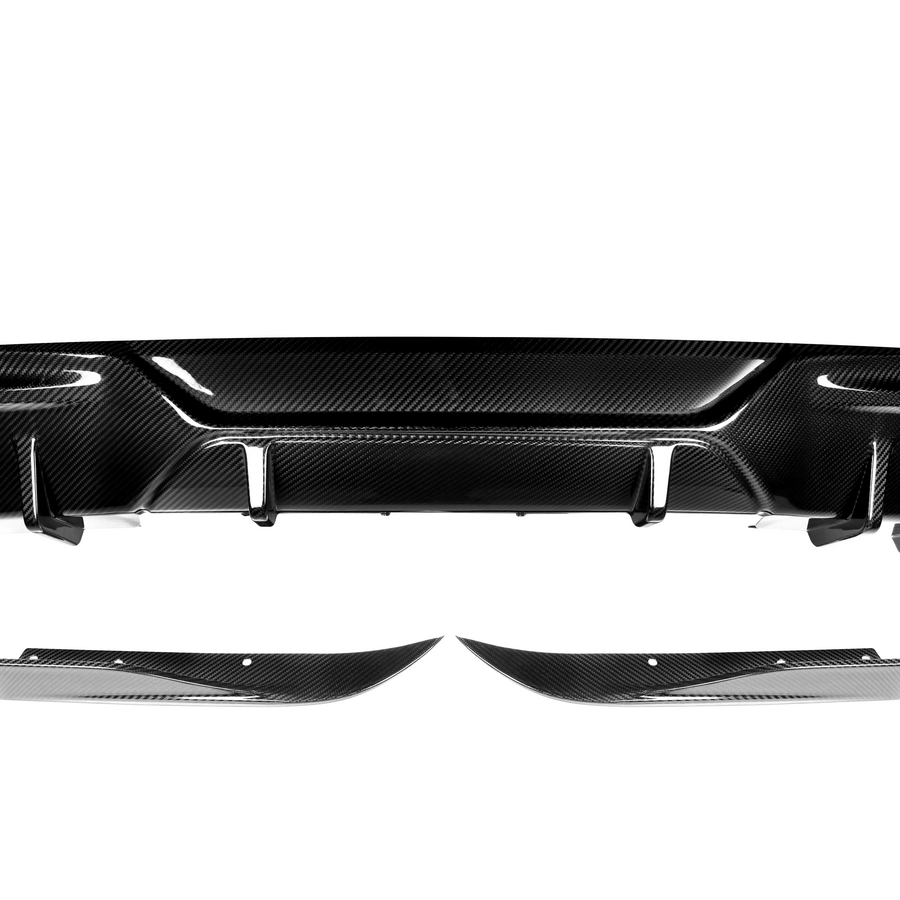 Carbon fiber car bumper with sleek contours and angular design, displayed against a plain white background, emphasizing its glossy texture and aerodynamic style.