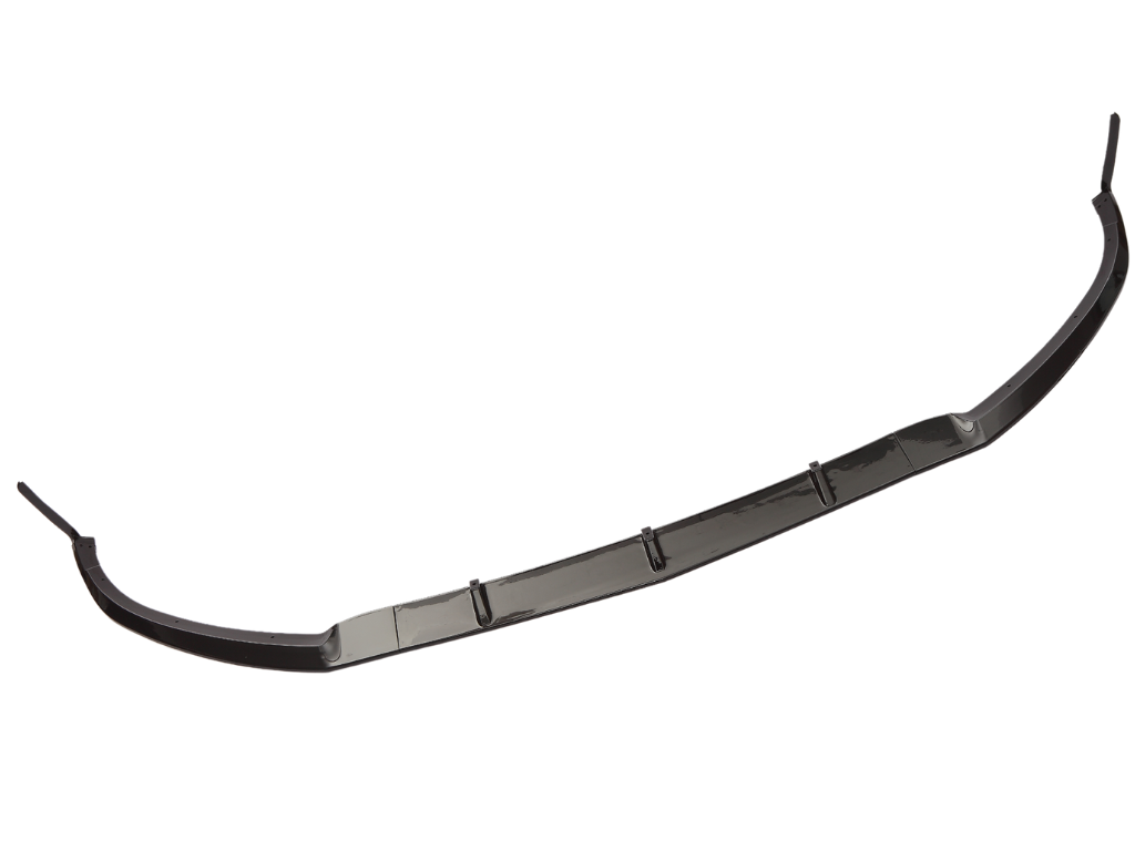A black, curved car front splitter with mounting points, ready for installation, isolated on a white background.
