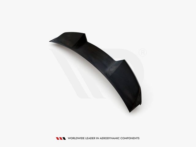 A black car spoiler, featuring aerodynamic contours, sits isolated on a white background. Text below reads: "Worldwide Leader in Aerodynamic Components."