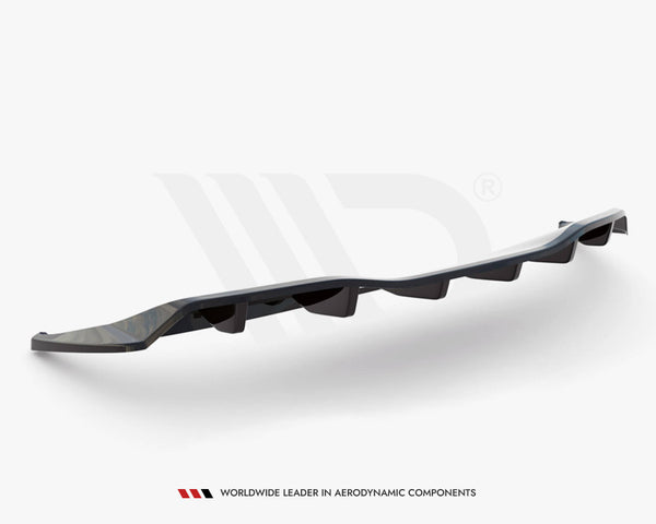 A black, curved car diffuser features aerodynamic channels, designed to enhance airflow, against a plain white background. Text below reads: "WORLDWIDE LEADER IN AERODYNAMIC COMPONENTS."