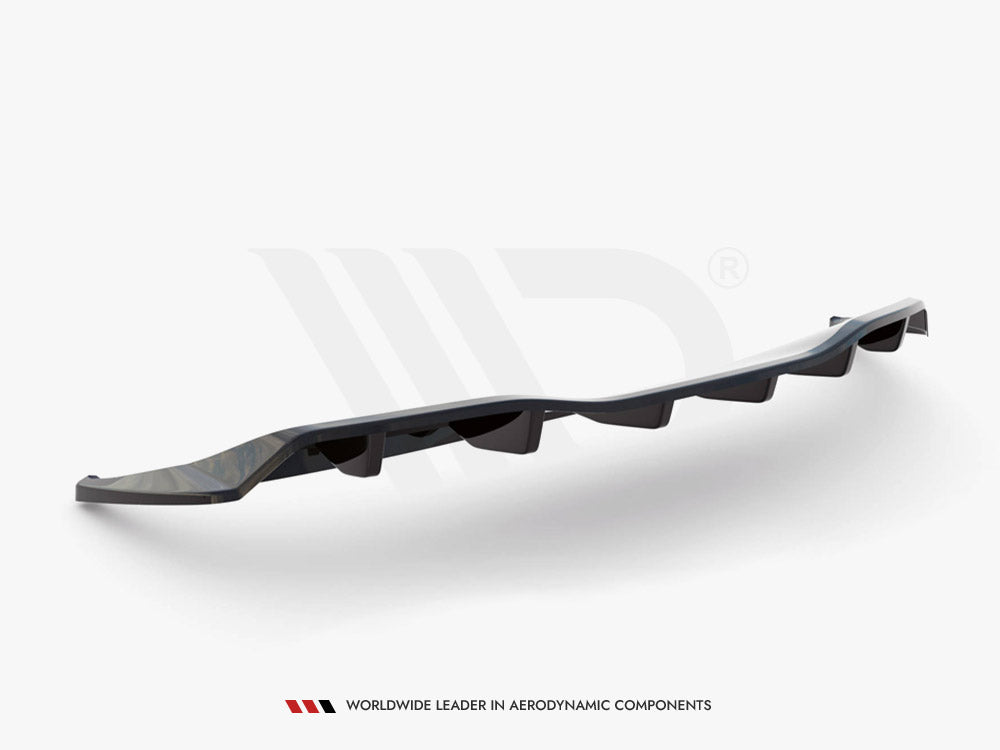 A black, curved car diffuser features aerodynamic channels, designed to enhance airflow, against a plain white background. Text below reads: "WORLDWIDE LEADER IN AERODYNAMIC COMPONENTS."