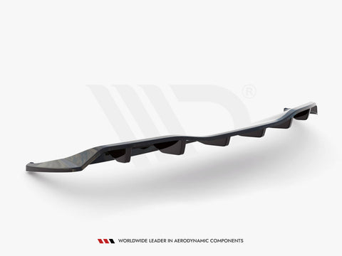 A black, curved car diffuser features aerodynamic channels, designed to enhance airflow, against a plain white background. Text below reads: "WORLDWIDE LEADER IN AERODYNAMIC COMPONENTS."