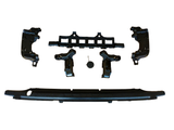 Black car bumper components are arranged on a white background. Various parts, including brackets and a circular piece with a pin, are evenly spaced, suggesting assembly layout.
