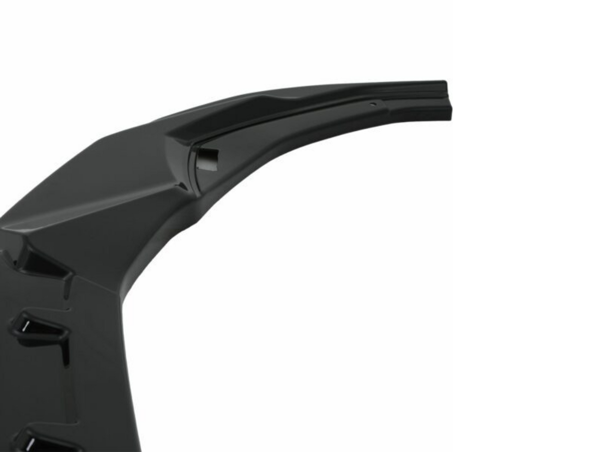 A sleek, black car fender shows a streamlined design with sharp angles, set against a plain white background.
