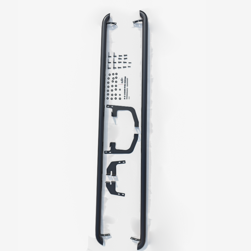 Long black roof rails are displayed alongside various metal brackets and a collection of screws and washers, all laid out on a white background, likely for assembly or installation.