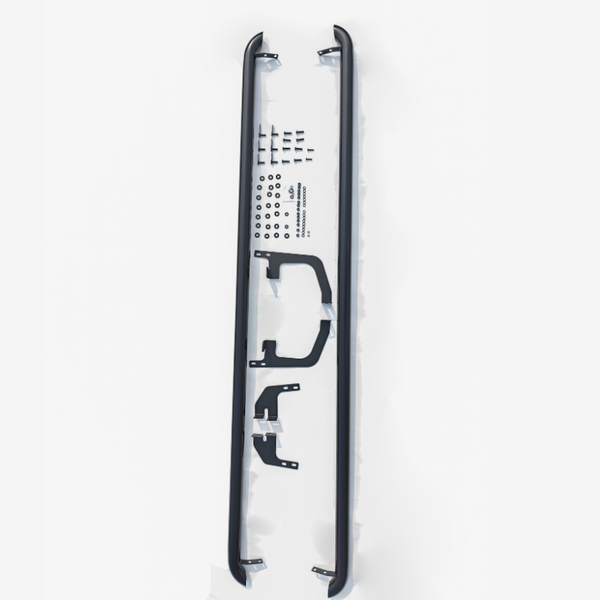 Long black roof rails are displayed alongside various metal brackets and a collection of screws and washers, all laid out on a white background, likely for assembly or installation.