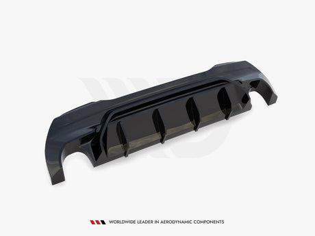 A black aerodynamic car diffuser with multiple fins is displayed against a plain white background. Text at the bottom reads, "WORLDWIDE LEADER IN AERODYNAMIC COMPONENTS."