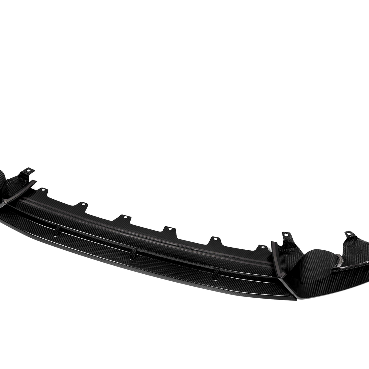 A sleek black carbon fiber car rear diffuser with mounting brackets is displayed on a plain white background, showcasing its aerodynamic design and textured finish.